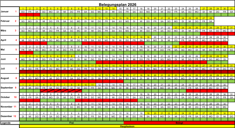 1 2 3 4 5 6 7 8 9 10 11 12 13 14 15 16 17 18 19 20 21 22 23 24 25 26 27 28 29 30 31 Januar           1 DO FR SA SO MO DI MI DO FR SA SO MO DI MI DO FR SA SO MO DI MI DO FR SA SO MO DI MI DO FR SA 1 2 3 4 5 6 7 8 9 10 11 12 13 14 15 16 17 18 19 20 21 22 23 24 25 26 27 28 Februar         2 SO MO DI MI DO FR SA SO MO DI MI DO FR SA SO MO DI MI DO FR SA SO MO DI MI DO FR SA 1 2 3 4 5 6 7 8 9 10 11 12 13 14 15 16 17 18 19 20 21 22 23 24 25 26 27 28 29 30 31 M�rz              3 SO MO DI MI DO FR SA SO MO DI MI DO FR SA SO MO DI MI DO FR SA SO MO DI MI DO FR SA SO MO DI 1 2 3 4 5 6 7 8 9 10 11 12 13 14 15 16 17 18 19 20 21 22 23 24 25 26 27 28 29 30 April               4 MI DO FR SA SO MO DI MI DO FR SA SO MO DI MI DO FR SA SO MO DI MI DO FR SA SO MO DI MI DO 1 2 3 4 5 6 7 8 9 10 11 12 13 14 15 16 17 18 19 20 21 22 23 24 25 26 27 28 29 30 31 Mai                 5 FR SA SO MO DI MI DO FR SA SO MO DI MI DO FR SA SO MO DI MI DO FR SA SO MO DI MI DO FR SA SO 1 2 3 4 5 6 7 8 9 10 11 12 13 14 15 16 17 18 19 20 21 22 23 24 25 26 27 28 29 30 Juni                6 MO DI MI DO FR SA SO MO DI MI DO FR SA SO MO DI MI DO FR SA SO MO DI MI DO FR SA SO MO DI 1 2 3 4 5 6 7 8 9 10 11 12 13 14 15 16 17 18 19 20 21 22 23 24 25 26 27 28 29 30 31 Juli                 7 MI DO FR SA SO MO DI MI DO FR SA SO MO DI MI DO FR SA SO MO DI MI DO FR SA SO MO DI MI DO FR 1 2 3 4 5 6 7 8 9 10 11 12 13 14 15 16 17 18 19 20 21 22 23 24 25 26 27 28 29 30 31 August           8 SA SO MO DI MI DO FR SA SO MO DI MI DO FR SA SO MO DI MI DO FR SA SO MO DI MI DO FR SA SO MO 1 2 3 4 5 6 7 8 9 10 11 12 13 14 15 16 17 18 19 20 21 22 23 24 25 26 27 28 29 30 September    9 DI MI DO FR SA SO MO DI MI DO FR SA SO MO DI MI DO FR SA SO MO DI MI DO FR SA SO MO DI MI 1 2 3 4 5 6 7 8 9 10 11 12 13 14 15 16 17 18 19 20 21 22 23 24 25 26 27 28 29 30 31 October       10 DO FR SA SO MO DI MI DO FR SA SO MO DI MI DO FR SA SO MO DI MI DO FR SA SO MO DI MI DO FR SA 1 2 3 4 5 6 7 8 9 10 11 12 13 14 15 16 17 18 19 20 21 22 23 24 25 26 27 28 29 30 November   11 SO MO DI MI DO FR SA SO MO DI MI DO FR SA SO MO DI MI DO FR SA SO MO DI MI DO FR SA SO MO 1 2 3 4 5 6 7 8 9 10 11 12 13 14 15 16 17 18 19 20 21 22 23 24 25 26 27 28 29 30 31 Dezember   12 DI MI DO FR SA SO MO DI MI DO FR SA SO MO DI MI DO FR SA SO MO DI MI DO FR SA SO MO DI MI DO Legende Belegungsplan 2026 Frei Belegt Hauptsaison